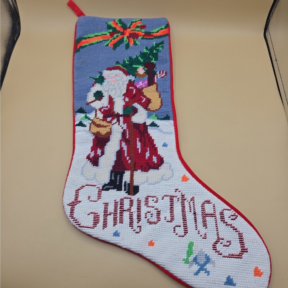 Needlepoint Wool Christmas Stocking Old World Santa Saint Nick Embroidered Vtg